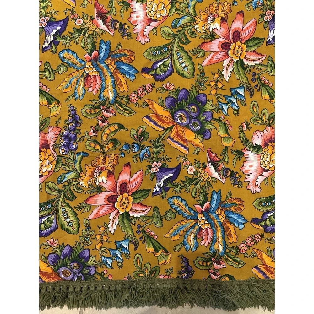 Vintage Retro Fringe‎ Tablecloth 1970 green 44X56 floral colorful!